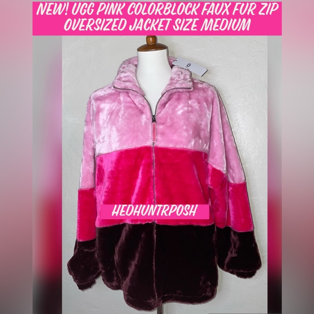 🎉HP🎉New! UGG Pink Colorblock Faux Fur Zip Oversized Jacket Size Medium💕